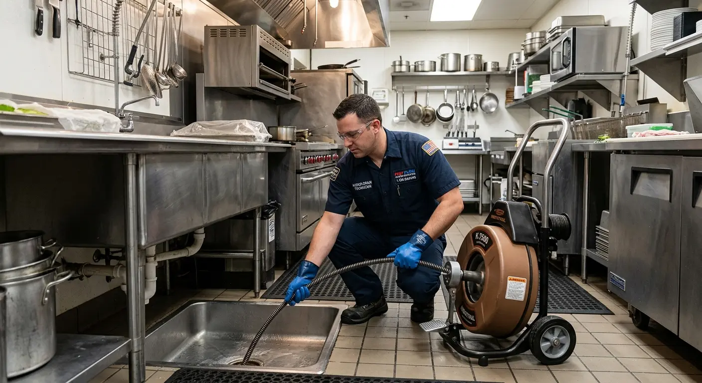 Commercial drain cleaning service in a restaurant kitchen in El Monte
