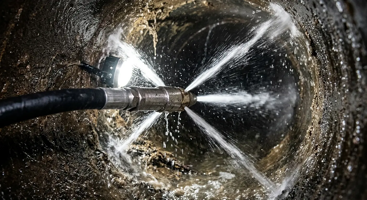 High-pressure hydro jetting nozzle cleaning sewer pipe for Sewer Cleanout in El Monte