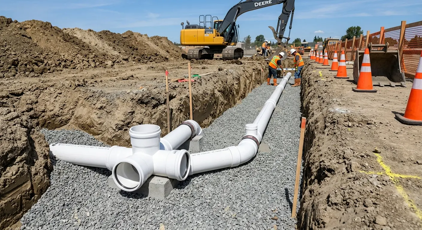 New PVC sewer pipe installation in open trench for Sewer Backup in El Monte